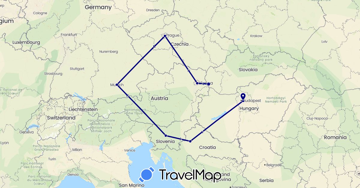 TravelMap itinerary: driving in Austria, Czech Republic, Germany, Croatia, Hungary, Slovenia, Slovakia (Europe)
